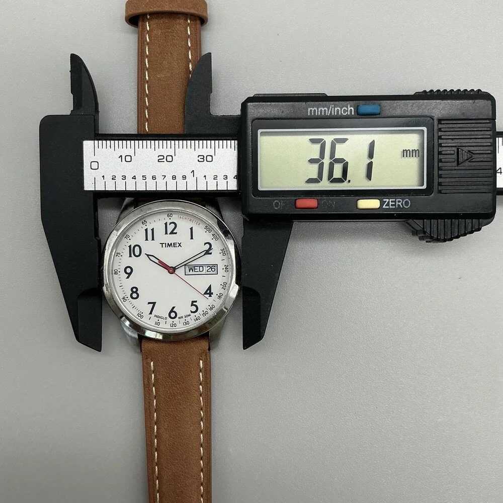 Timex Indiglo Mens Watch 36mm White Dial Brown Leather Day Date New Battery